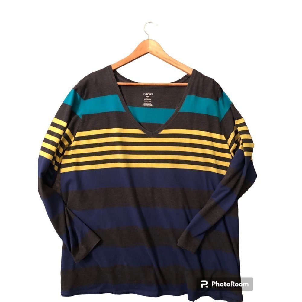 Woman's Plus Size 26/28 Lane Bryant Shirt Striped with Blue Yellow Teal - Picture 7 of 7